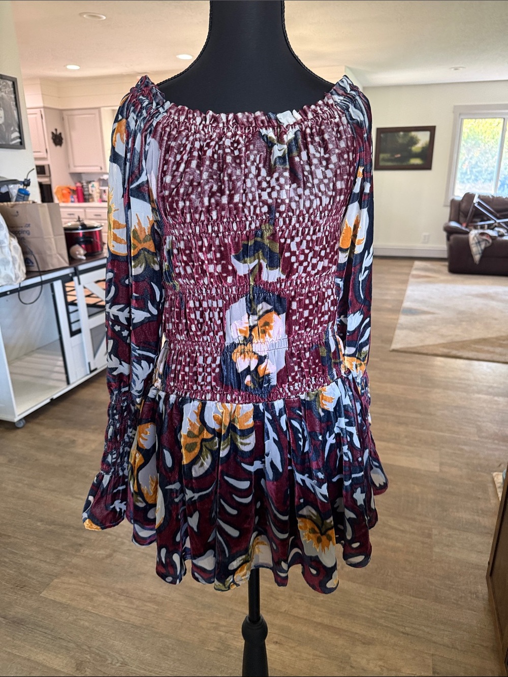 Free People Burgundy Floral Smocked Off-Shoulder Dress Velvet